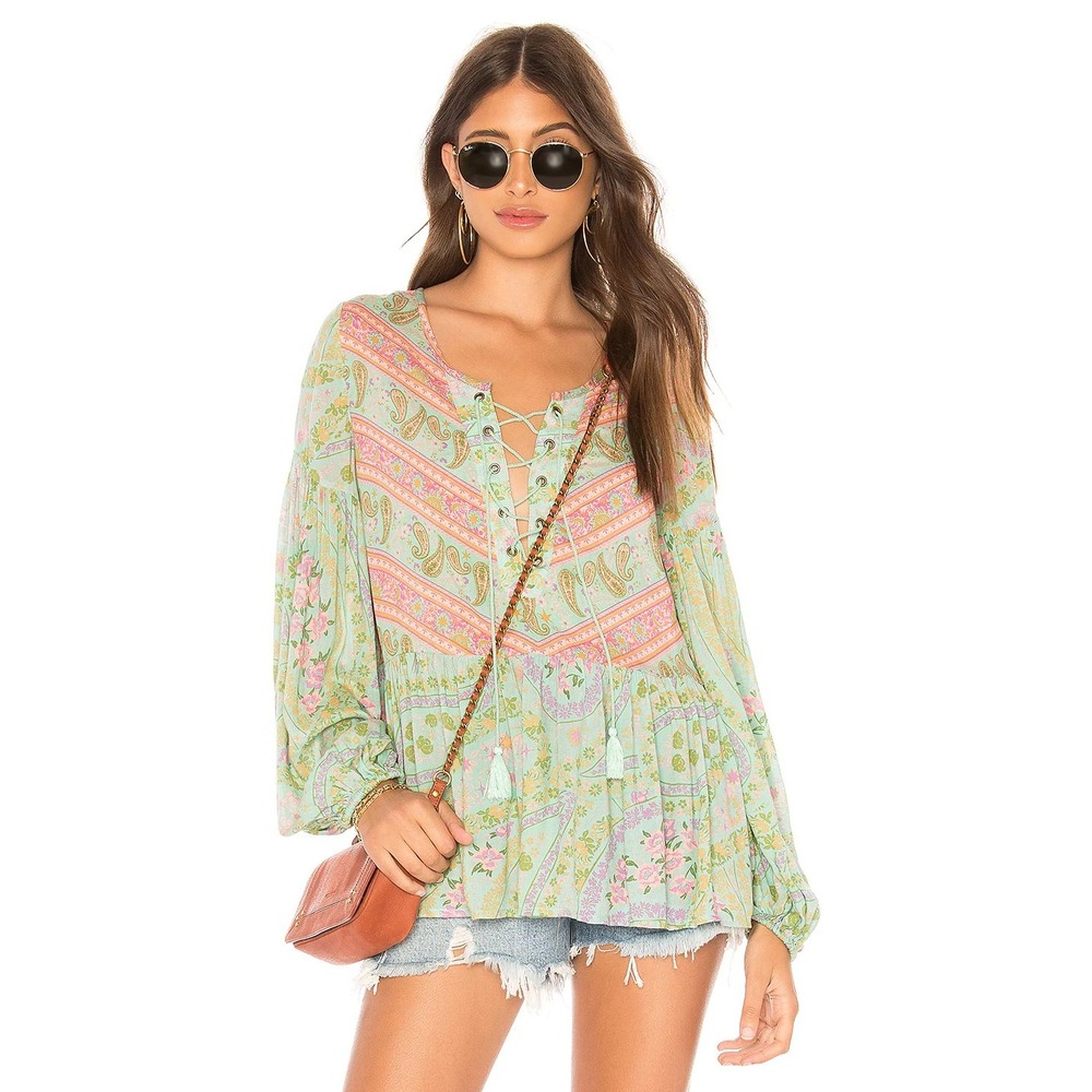 Spell & the Gypsy Collective City Lights Sage Green Lace-Up Blouse Size S NWT